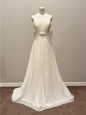 David's Bridal Strapless Ivory Chiffon A-Line Gown with Floral Waist